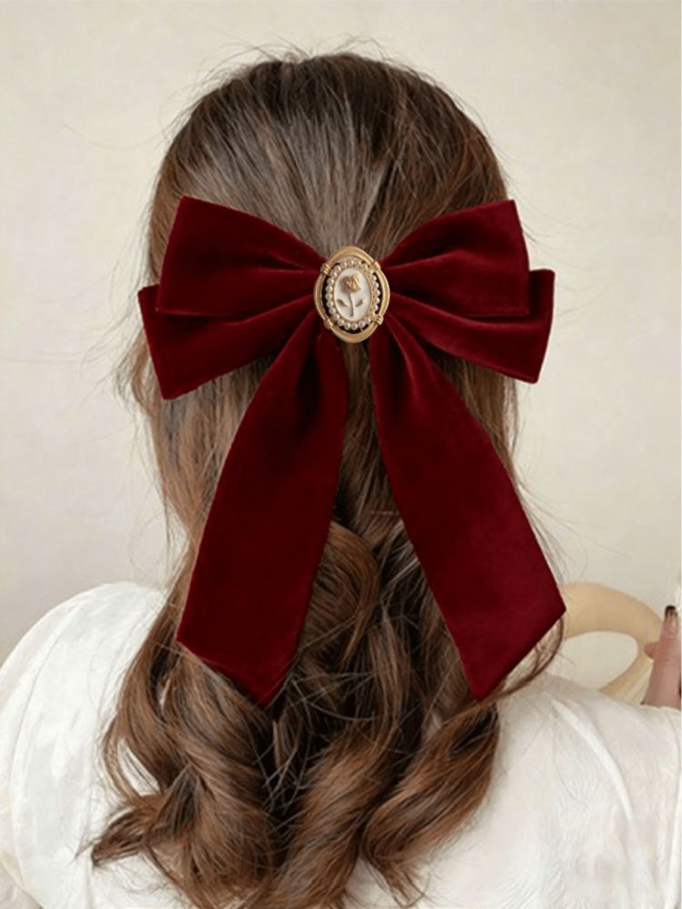 Dark Brown Shoulder-Length Waves With Burgundy Bow — Big Bow Hairstyles 2027