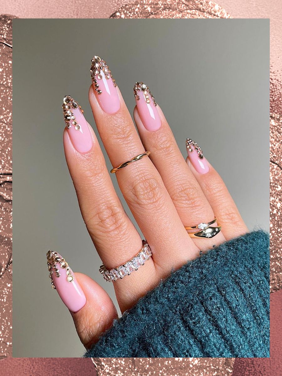 Sheer Pink with Rhinestone-Encrusted Gold French Tips — Nails 2027 for Gold Dress