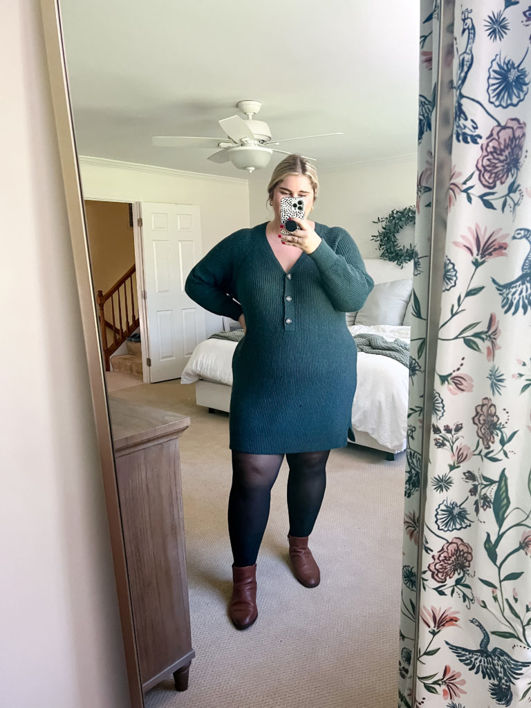 Teal Ribbed Knit Dress for Casual Fall Gathering — Plus Size Thanksgiving Outfits 2026