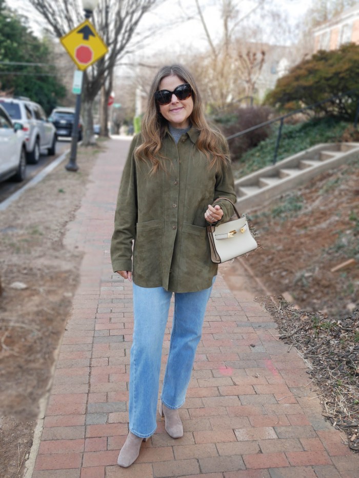 Olive Green Suede Shacket with Turtleneck and Jeans — Shacket Outfits 2027