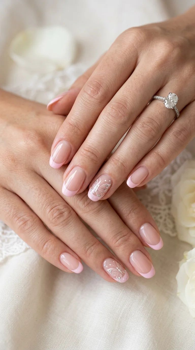 Short Almond French with Butterfly Accents Short Almond French with Butterfly Accents — Light Pink Wedding Nails 2027