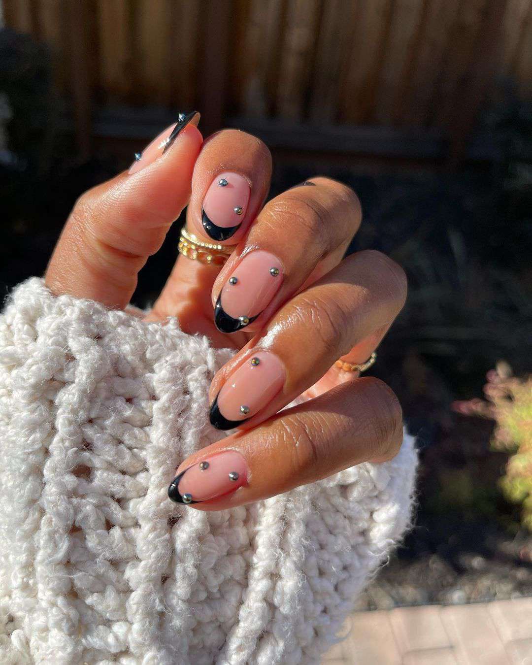 Studded Black French Tip Almond Nails Studded Black French Tip Almond Nails — Nails 2027 for Black Dress