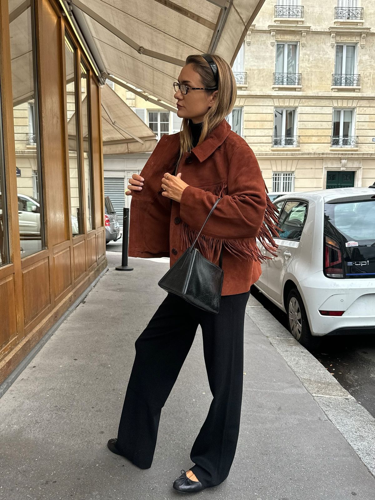 Modern Chic: Rust Suede Fringe Jacket with Turtleneck and Wide-Legs Modern Chic: Rust Suede Fringe Jacket with Turtleneck and Wide-Legs — Fringe Jacket Outfits 2027