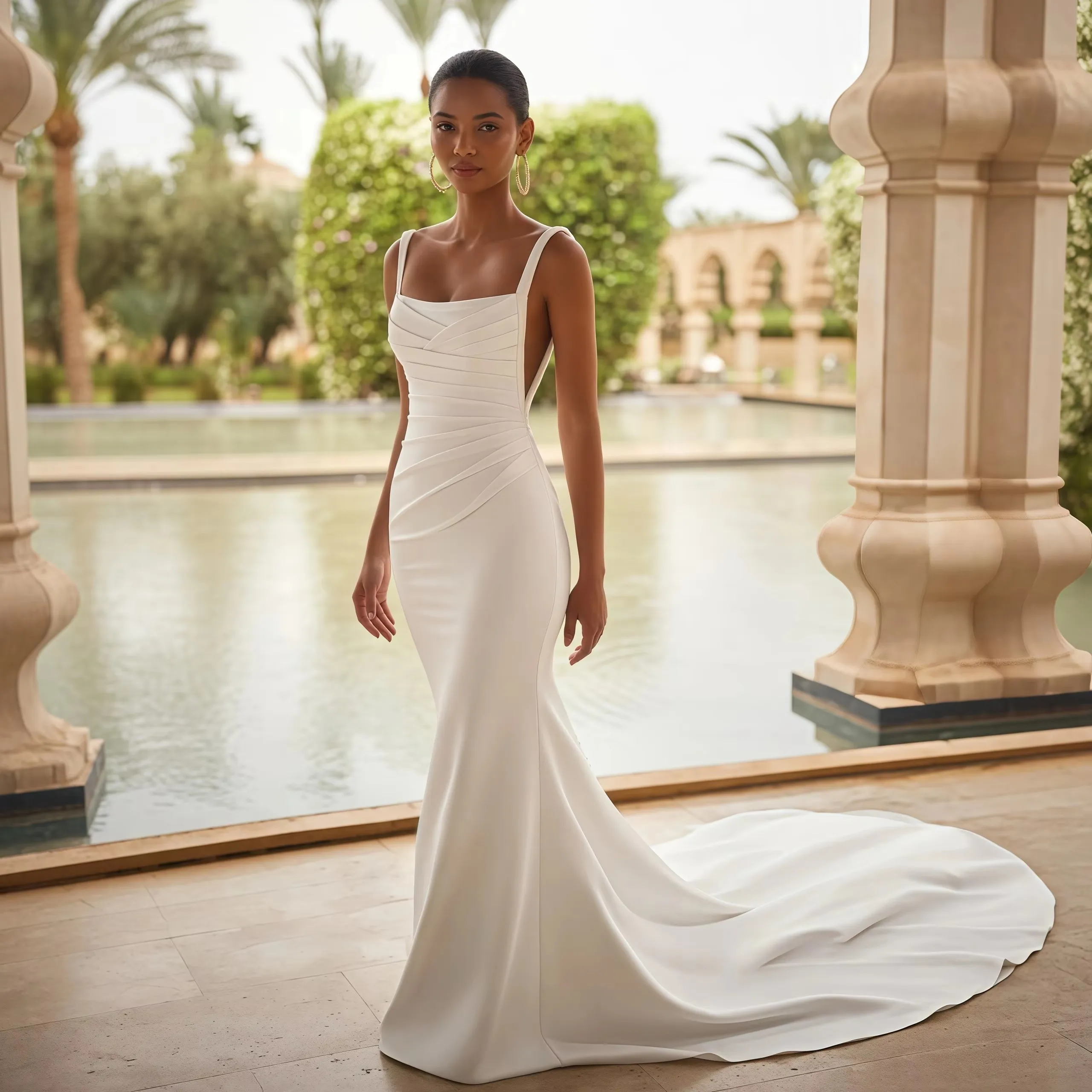 Ivory Satin Mermaid Gown with Square Neckline and Ruched Bodice Ivory Satin Mermaid Gown with Square Neckline and Ruched Bodice — Square Neck Wedding Dresses 2027
