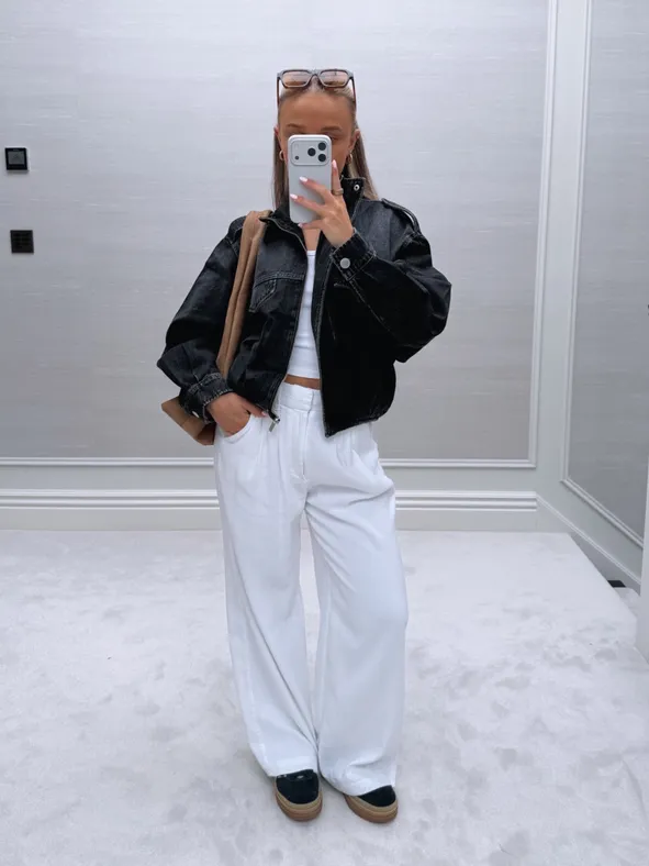 Oversized Denim: Jacket Over Crop Top and White Trousers Oversized Denim: Jacket Over Crop Top and White Trousers — TikTok Outfits 2027