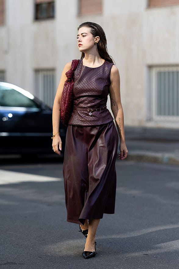 Casual Coordinated Burgundy Set with Leather Midi Skirt — Midi Skirts 2027