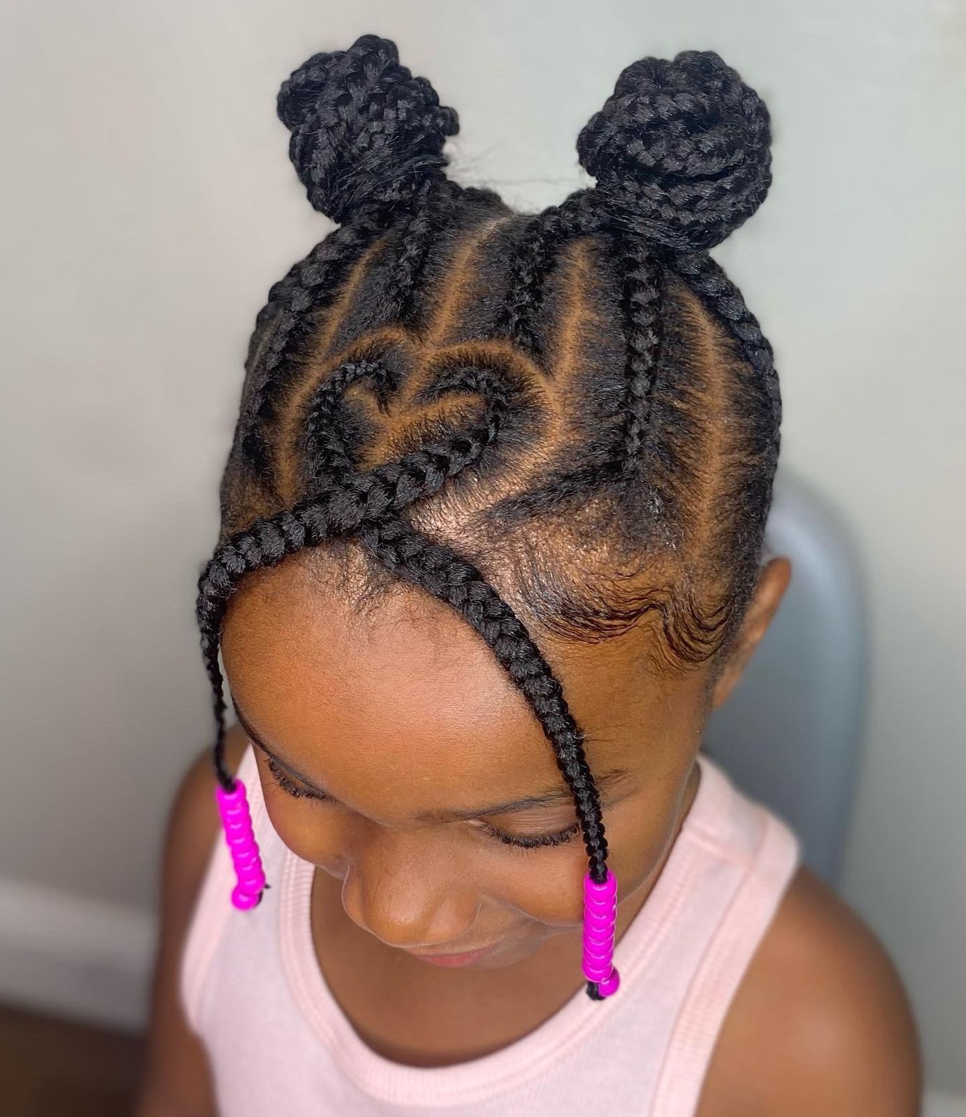 Braided Buns With Heart Braid and Pink Beads — Kids Braids 2027