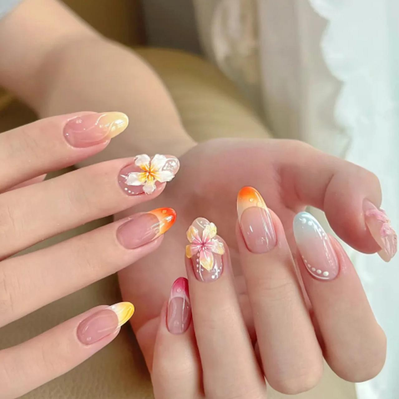 Gradient French With Dimensional Flowers Gradient French With Dimensional Flowers — Flower Nails 2027