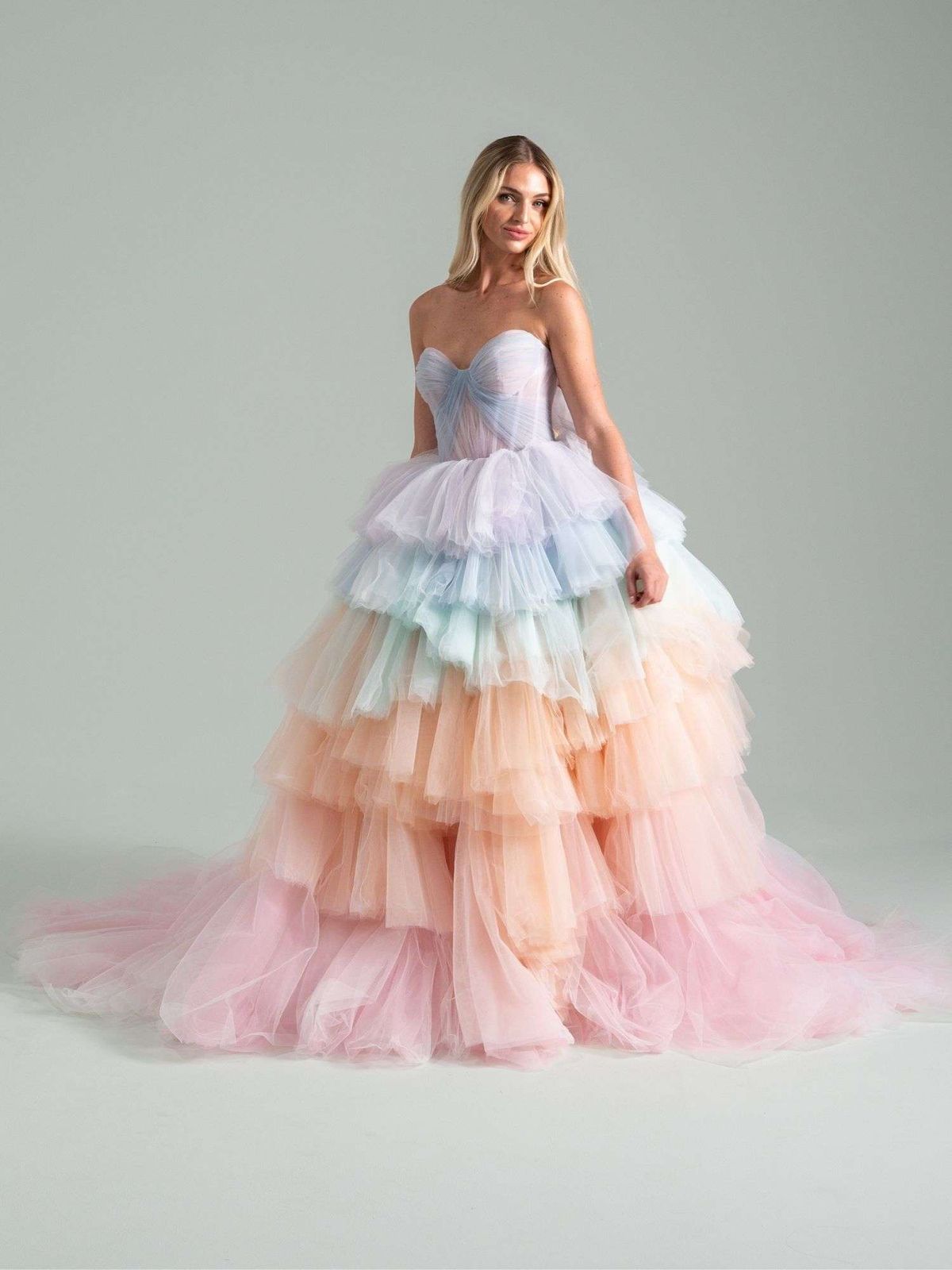 Tiered Pastel Rainbow Tulle Ball Gown — Colored Wedding Dresses 2027