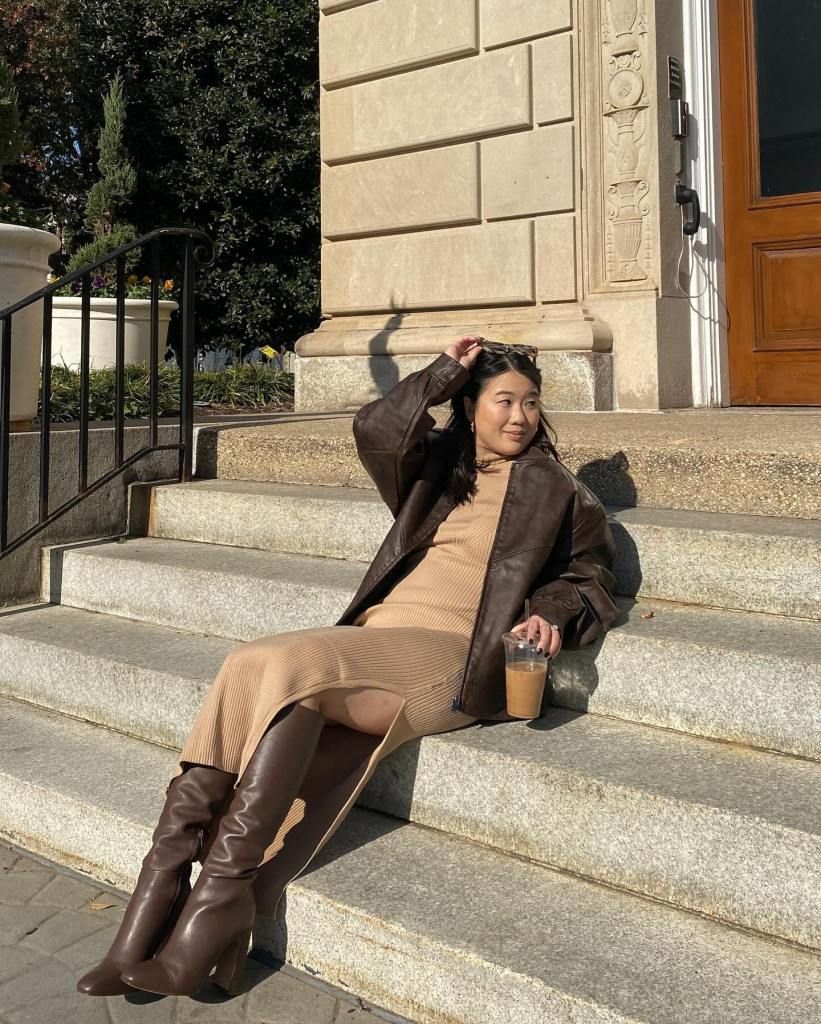 Oversized Leather Jacket with Ribbed Knit Dress and Knee-High Boots Oversized Leather Jacket with Ribbed Knit Dress and Knee-High Boots — Brown Coat Outfits 2027