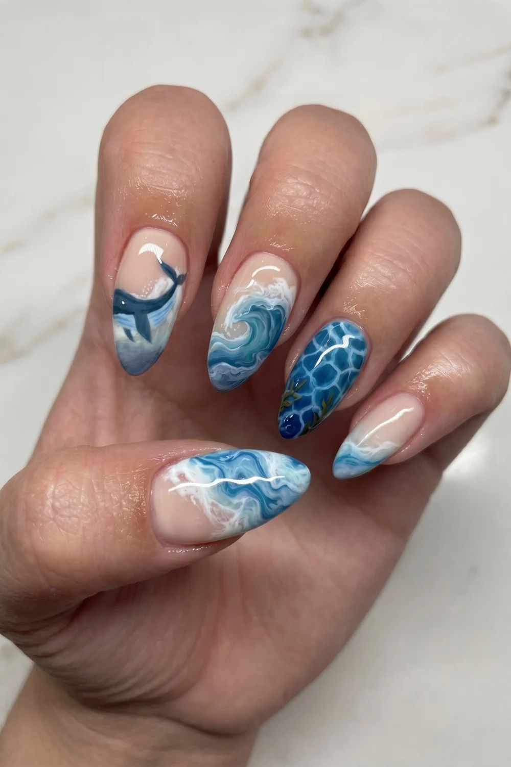 Medium Almond Ocean Wave Whale Motif — Blue Watercolor Nails 2027