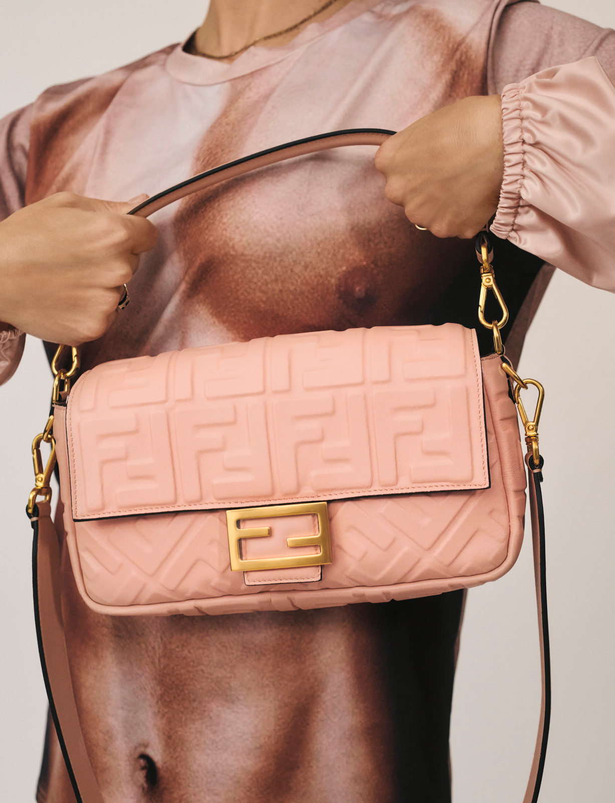 Pink Embossed Baguette Bag with Graphic Tee and Black Coat Pink Embossed Baguette Bag with Graphic Tee and Black Coat — Baguette Bag Aesthetic 2027