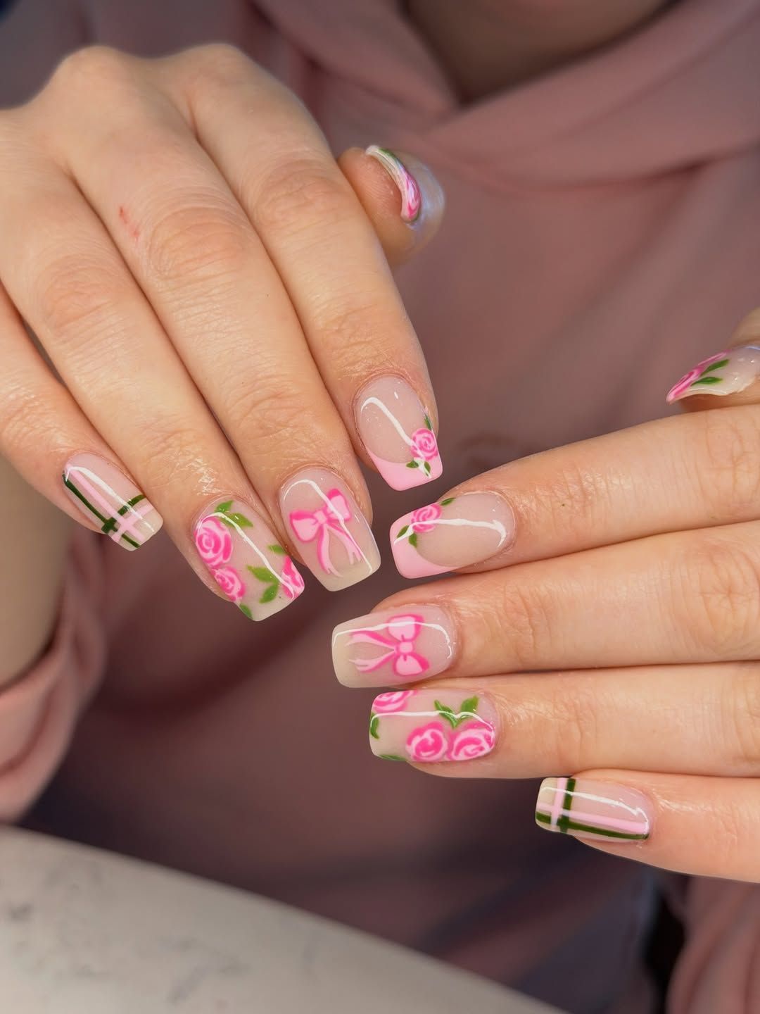 Short Square Roses and Bows French Tips — Rose Nails 2027