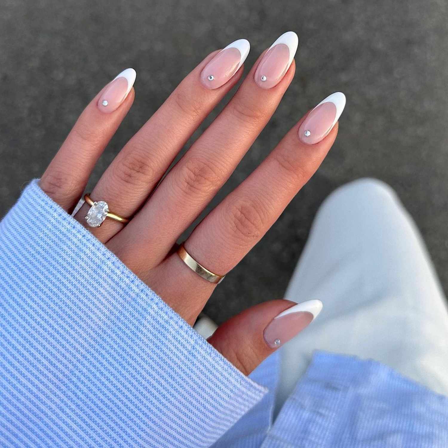 Medium Almond Pale Pink French With Rhinestones Medium Almond Pale Pink French With Rhinestones — Simple Graduation Nails 2027