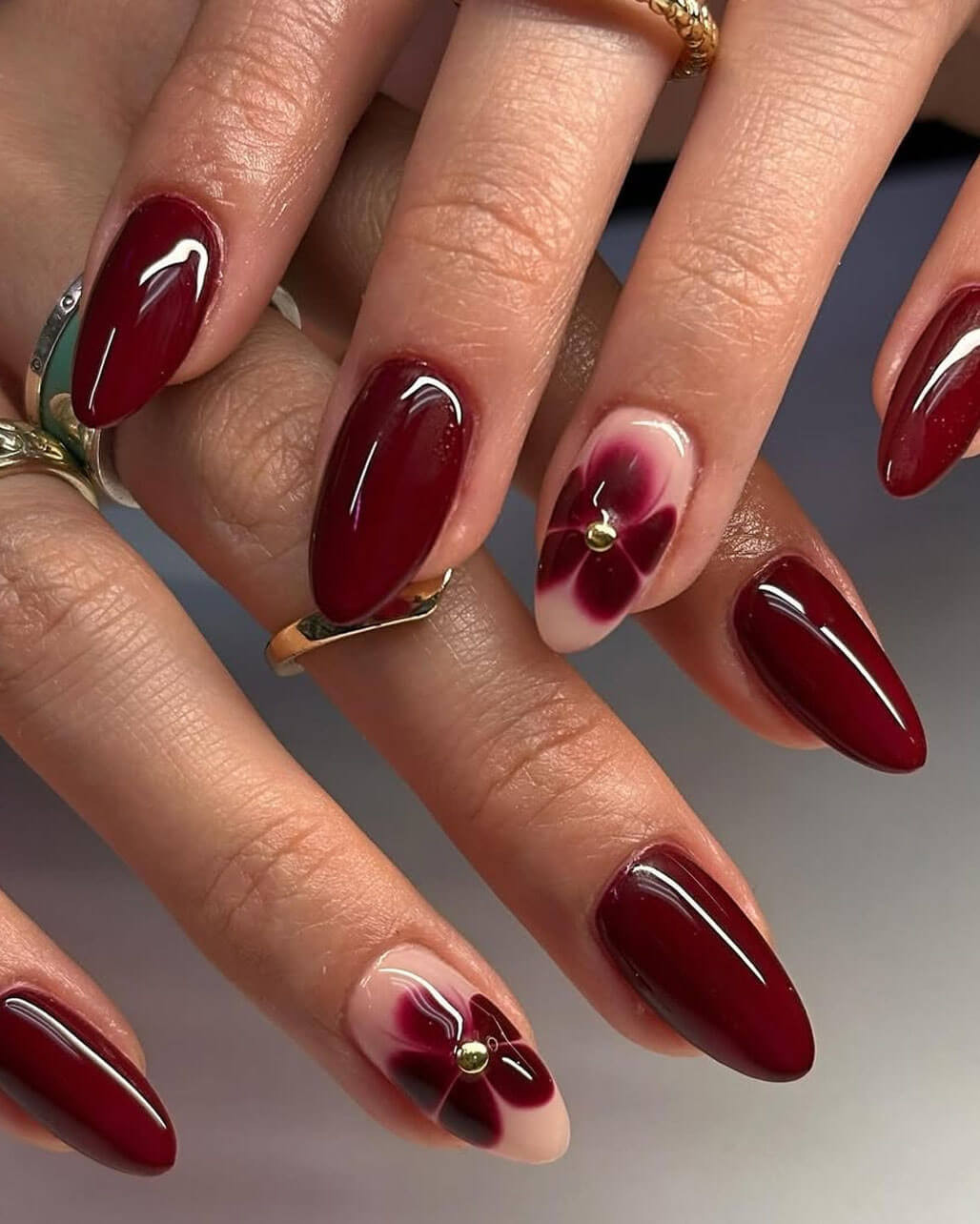 Dark Red Floral Gold Stud Medium Almonds Dark Red Floral Gold Stud Medium Almonds — Dark Red Nails 2027