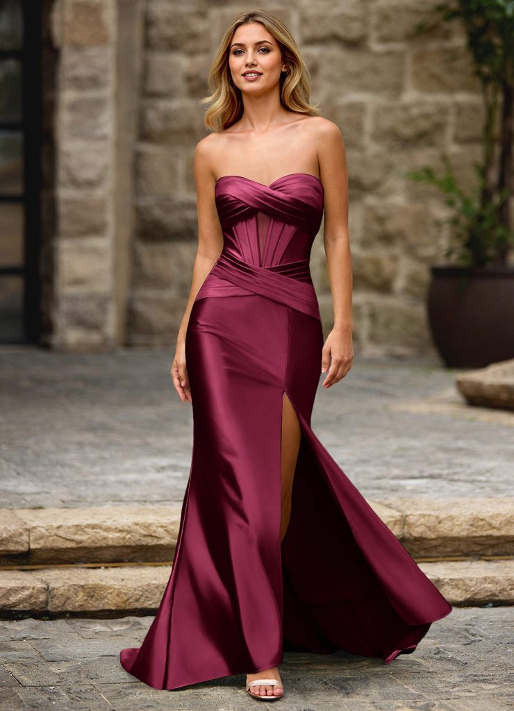 Burgundy Satin Strapless Gown with Mesh Inset and High Slit Burgundy Satin Strapless Gown with Mesh Inset and High Slit — Prom Outfits 2027