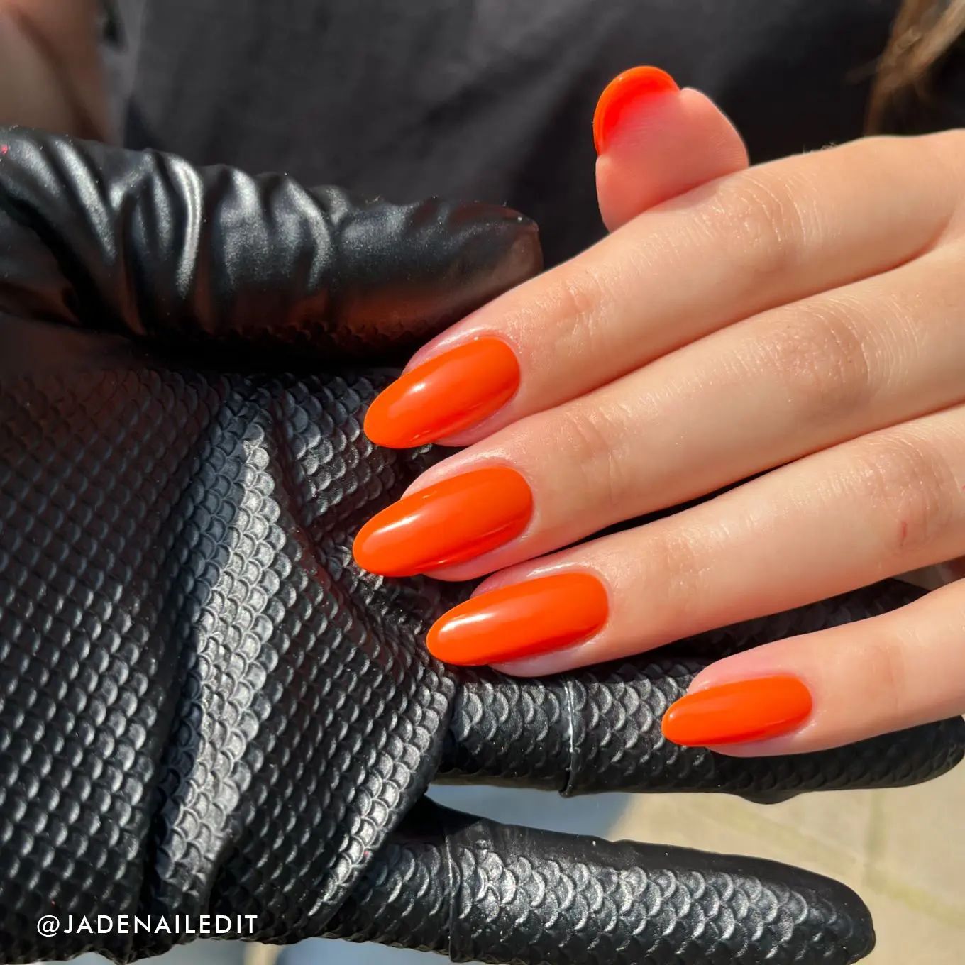 Glossy Tangerine Almond with Black Glove Glossy Tangerine Almond with Black Glove — Tangerine Nails 2027