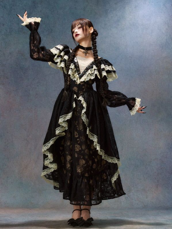 Lace and Velvet Gothic Dress with Full Skirt Lace and Velvet Gothic Dress with Full Skirt — Goth Lace Outfits 2027