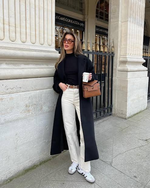 Minimalist Black Coat and Turtleneck with White Adidas Samba Minimalist Black Coat and Turtleneck with White Adidas Samba — Adidas Samba Spring Outfits 2027