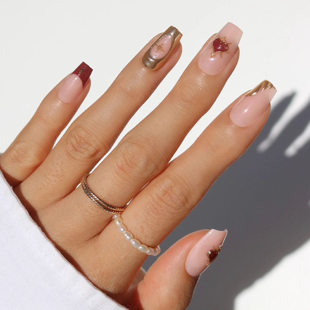 Nude Heart Charm Burgundy French Coffin Nails Nude Heart Charm Burgundy French Coffin Nails — Short Heart Coffin Nails 2027