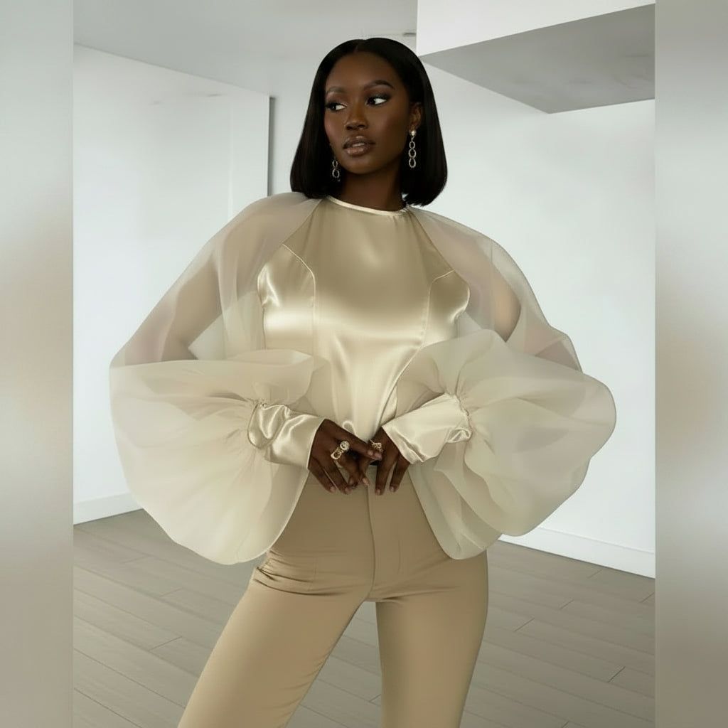 Champagne Satin Organza Puff Sleeve Blouse – Elegant Statement Top | Passion of Essence – Passion of Essence Boutique