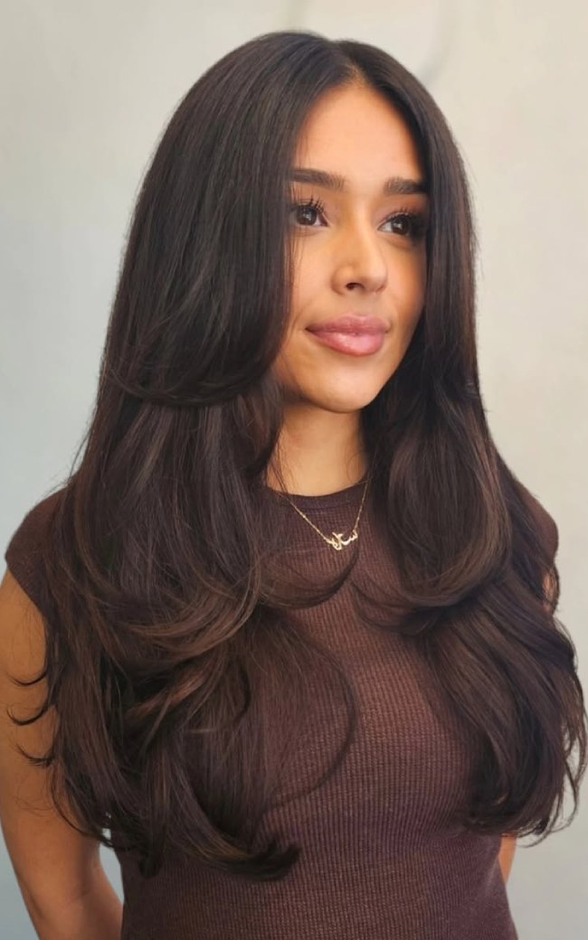 Mid-Back Waves With Chocolate Brunette Mid-Back Waves With Chocolate Brunette — Face Framing Layers 2027