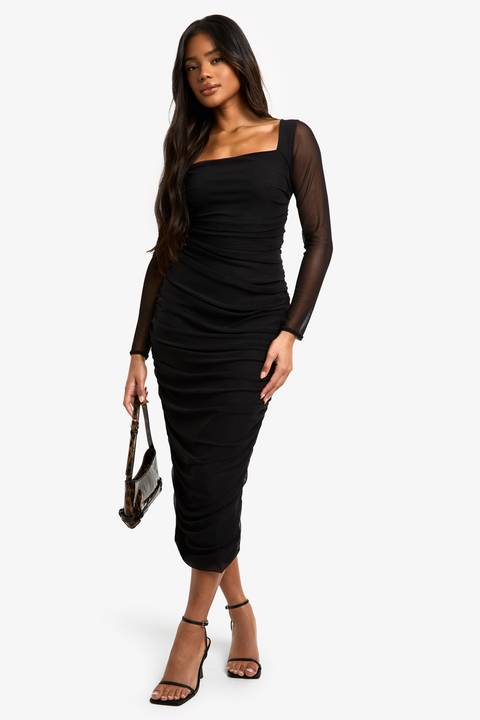 Black Long Sleeve Ruched Jersey Bodycon Midi Dress — Bodycon Dress Outfits 2027