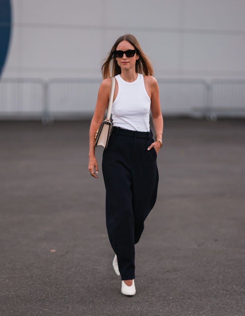 Navy Textured Wide-Leg Trousers with a White Tank Navy Textured Wide-Leg Trousers with a White Tank — Summer Everyday Outfits 2027