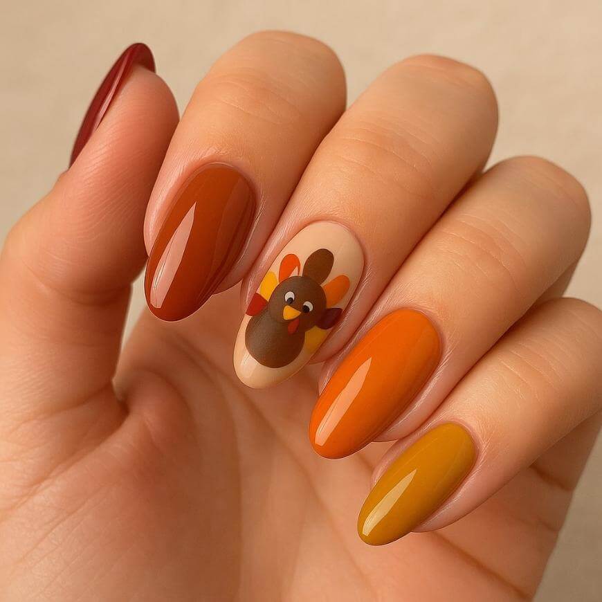 Glossy Oval with Cartoon Turkey — Simple Thanksgiving Nails 2026