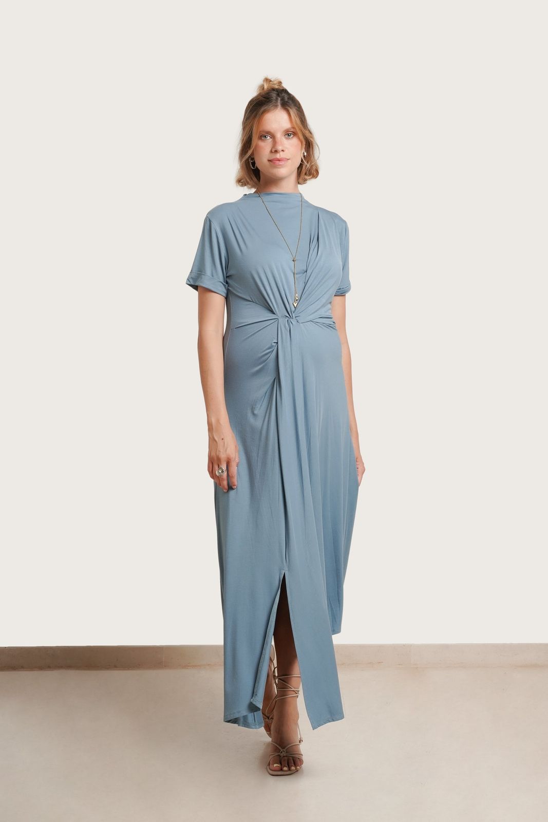 Dusty Blue Jersey Knit Maxi Dress with Draped Bodice Dusty Blue Jersey Knit Maxi Dress with Draped Bodice — Baby Shower Dress 2027 for Guest
