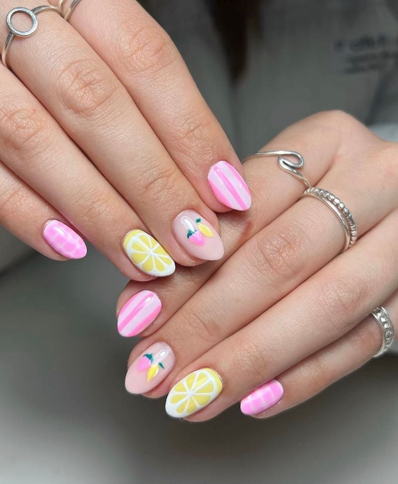 Mixed Summer Fruit & Stripe Almond Nails Mixed Summer Fruit & Stripe Almond Nails — Summer Almond Nails 2027