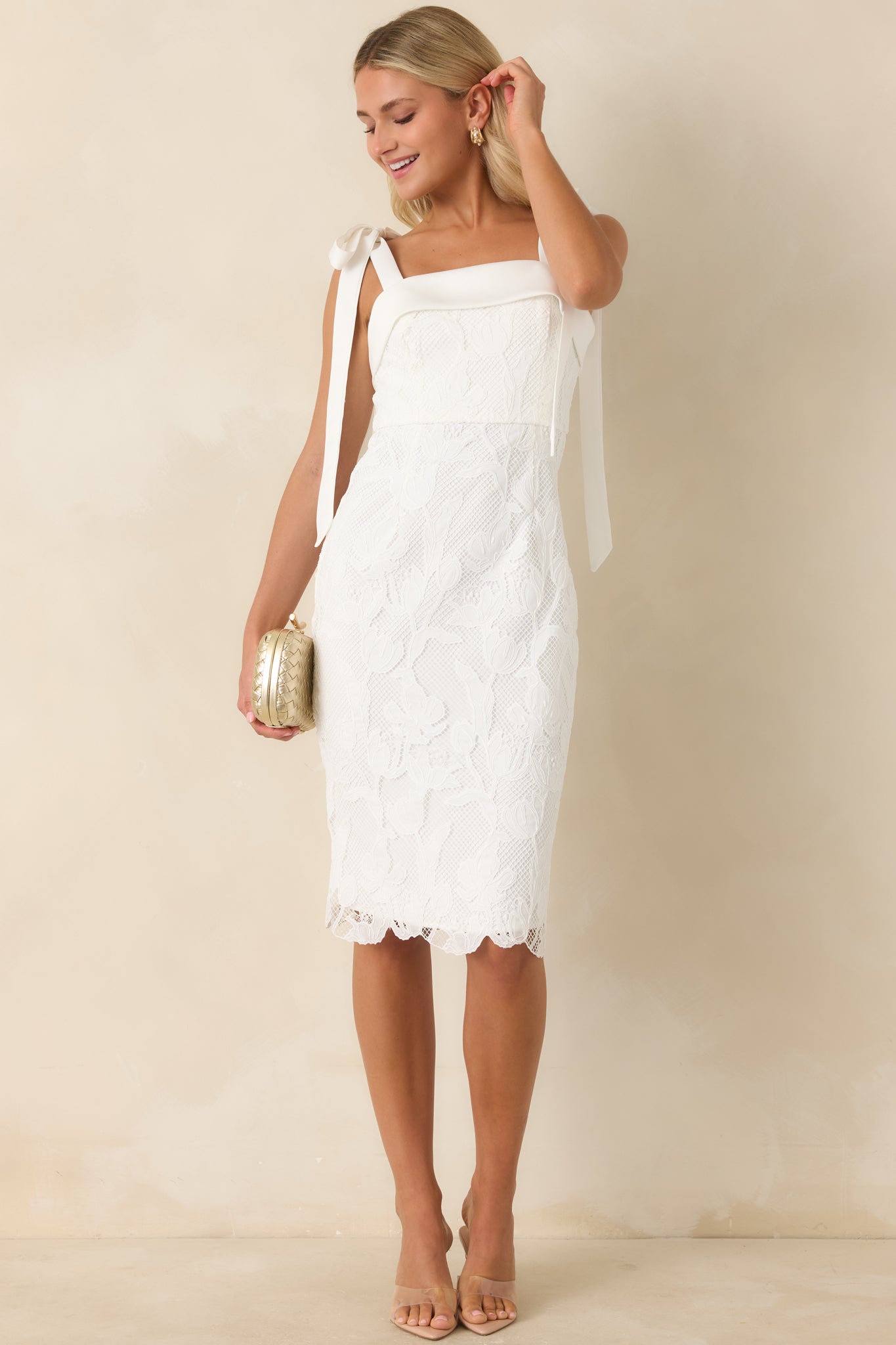 Elegant White Lace Dress with Bow Shoulder Straps — Bridal Shower Dresses 2027