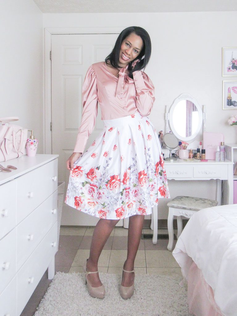Pink Satin Blouse with a Vibrant Floral Print Skirt — Pink Valentines Outfits 2027