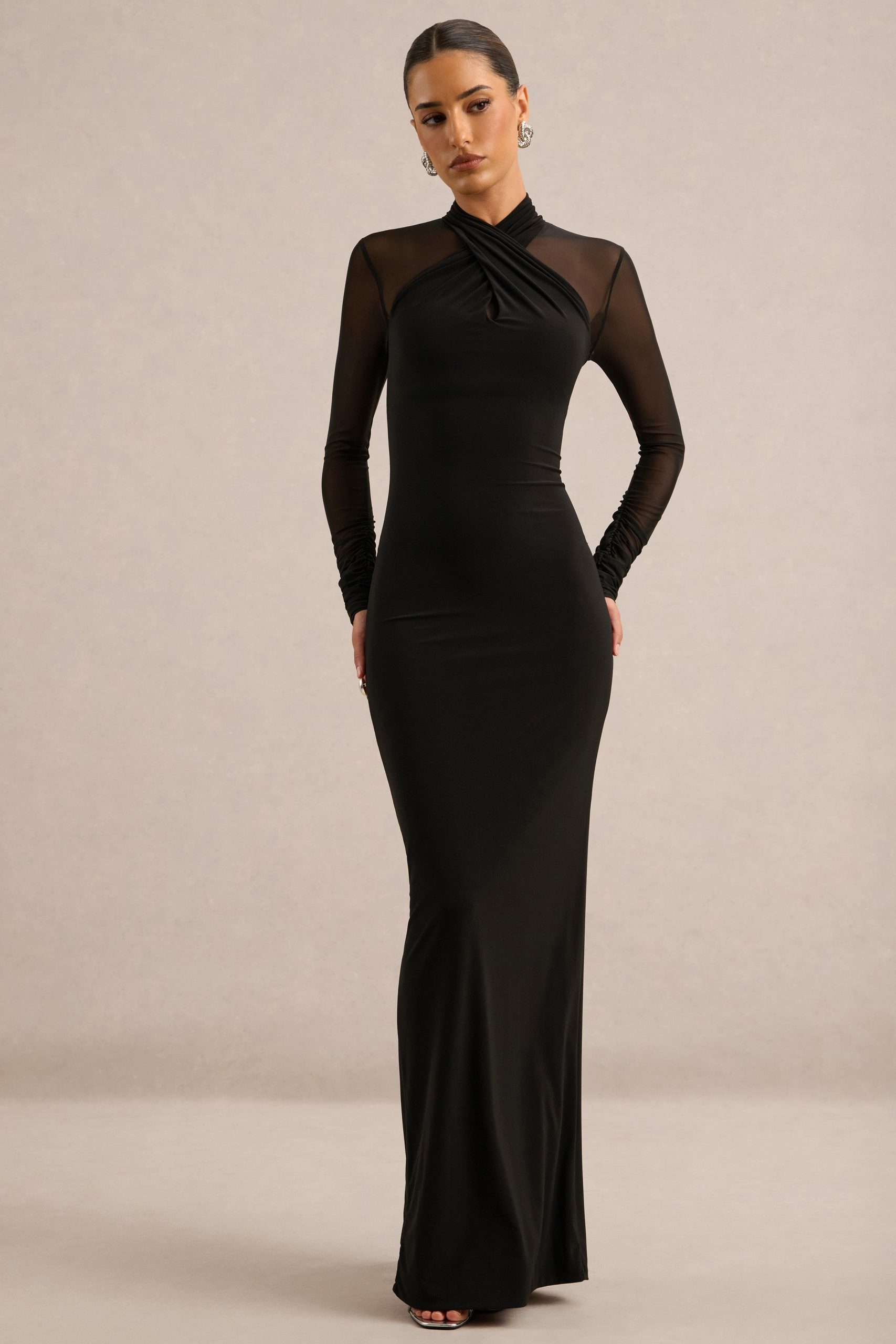 High Neck Maxi Dress with Mesh Sleeves and Twisted Detail High Neck Maxi Dress with Mesh Sleeves and Twisted Detail — Black Tie Dresses 2027