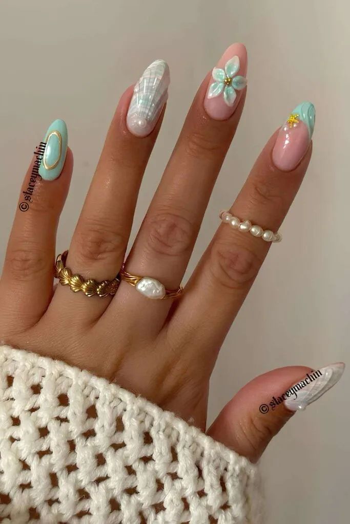 Pink Light Blue 3D Flower Oval Nails Pink Light Blue 3D Flower Oval Nails — Bahamas Nails 2027