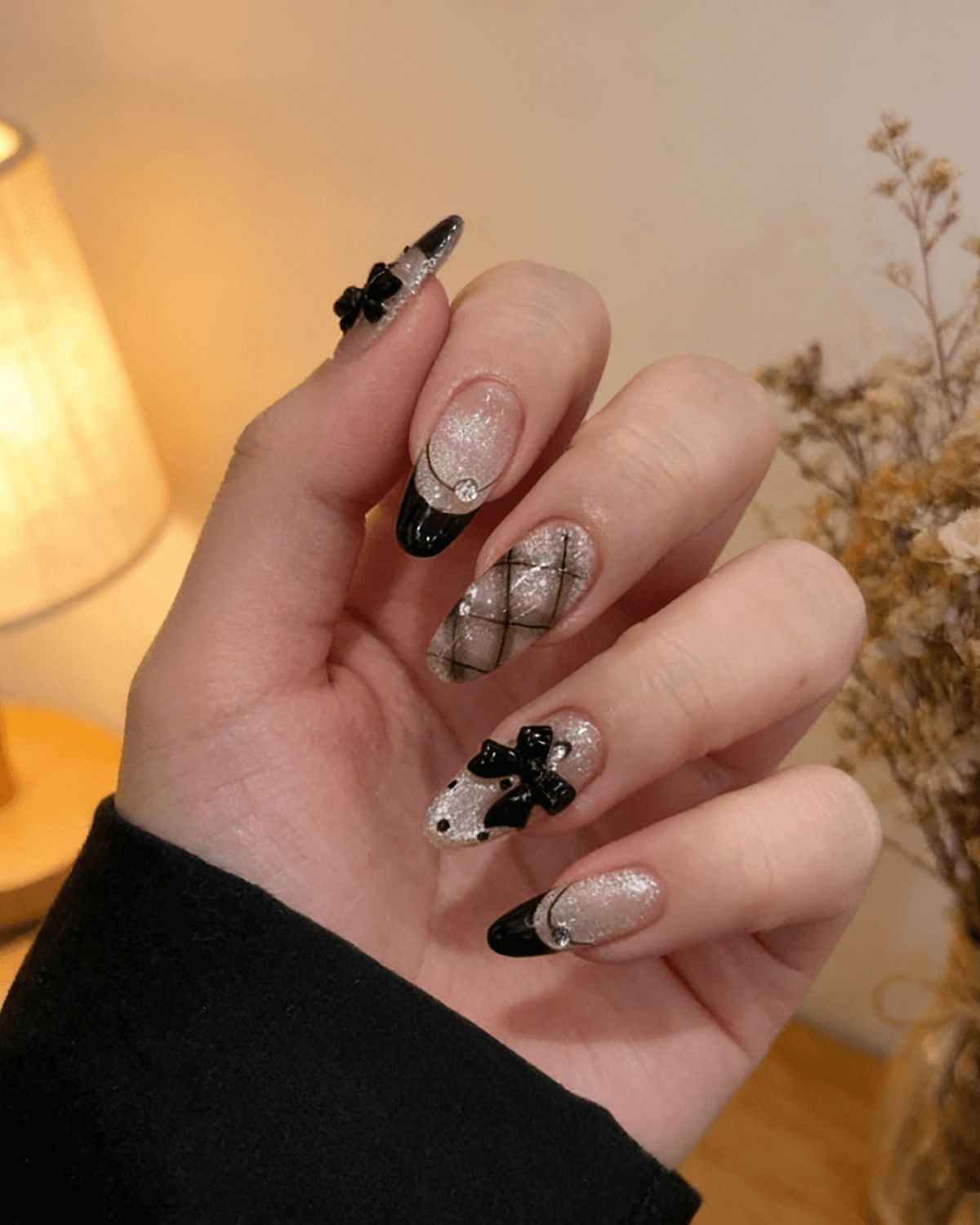 Glossy With Subtle Shimmer Gothic 3D Black Bow Stiletto Nails — Black Bow Nails 2027