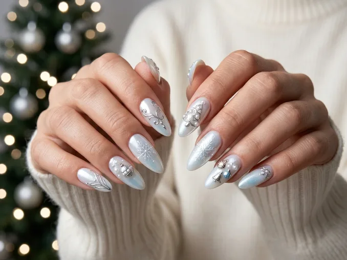 Pearlescent Glossy Visual Idea — White Christmas Nails 2026
