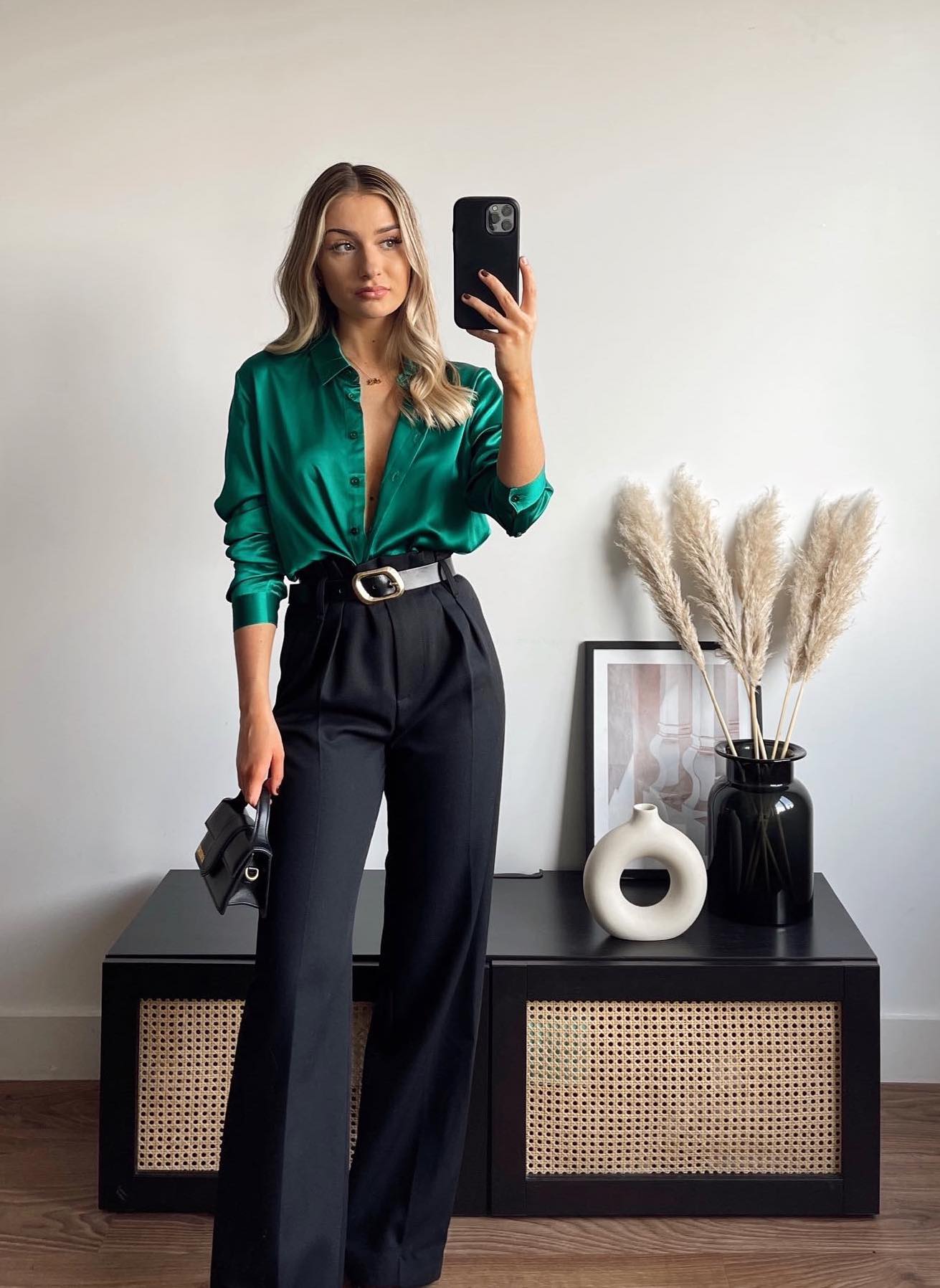 Green Satin Button-Up Shirt with High-Waisted Trousers — Satin Top Outfits 2027