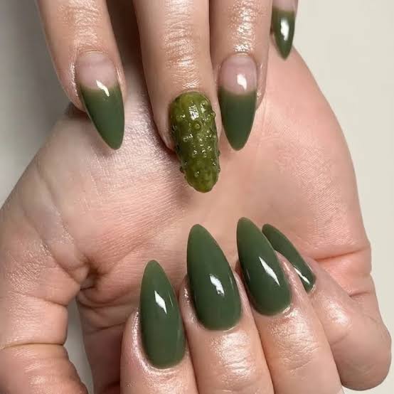 Olive Green 3D Pickle Stiletto Nails Olive Green 3D Pickle Stiletto Nails — Long Nails 2027