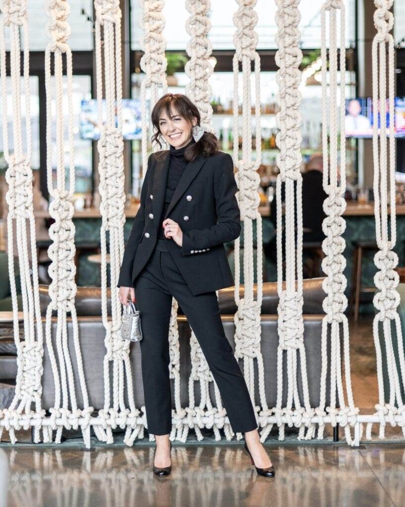 Double-Breasted Blazer with Metallic Handbag Double-Breasted Blazer with Metallic Handbag — Business Trip Outfits 2027