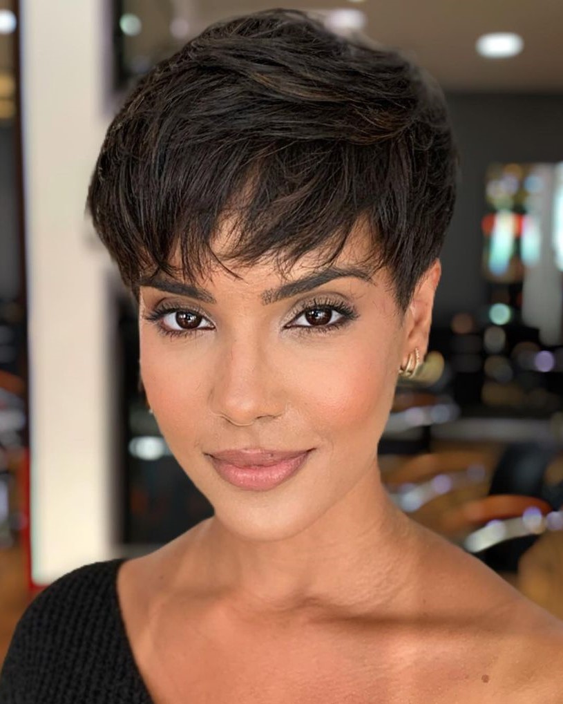 Textured Dark Brown Pixie with Choppy Layers Textured Dark Brown Pixie with Choppy Layers — Pixie 2027 with Bangs
