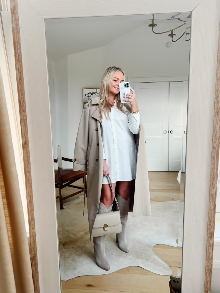 Oversized Beige Trench with Shirt Dress and Boots — Beige Spring Outfits 2027
