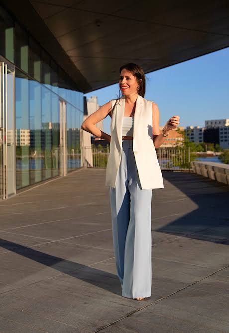 Powder Blue Wide-Leg Trousers with Oversized White Vest Powder Blue Wide-Leg Trousers with Oversized White Vest — Powder Blue Outfits 2027