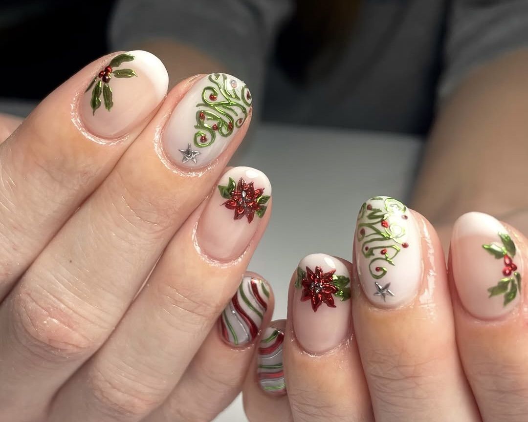Holly, Poinsettias, and Candy Stripes — Short Christmas Nails 2026