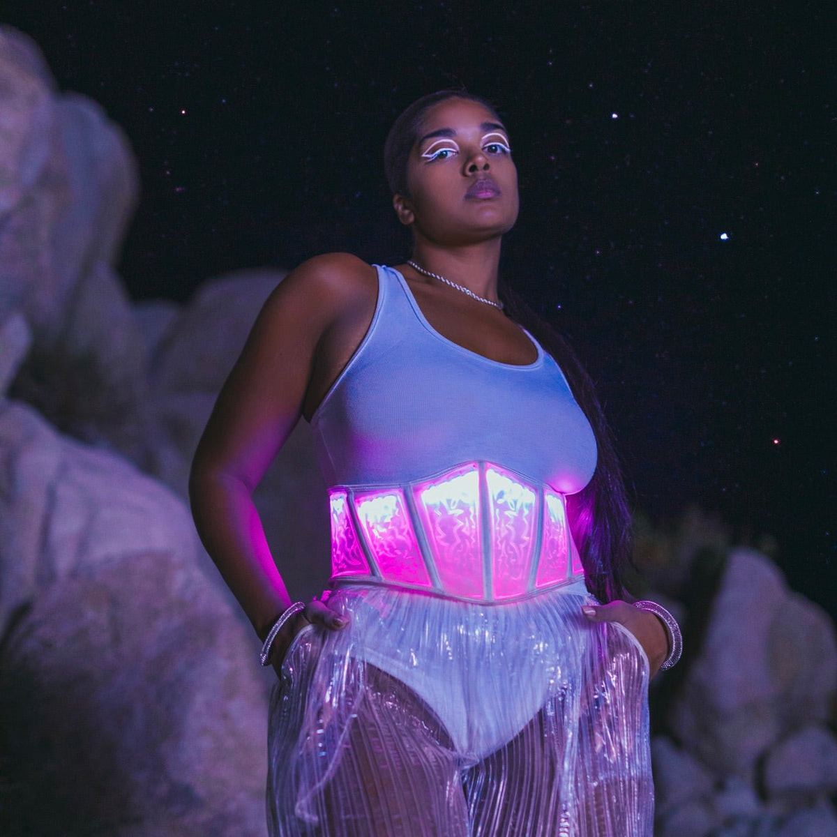 LED Corset Paired with a Sheer White Skirt LED Corset Paired with a Sheer White Skirt — Sparkly Rave Outfits 2027