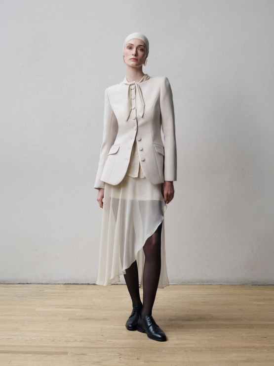 Cream Cropped Jacket with Sheer Skirt and Tights Cream Cropped Jacket with Sheer Skirt and Tights — Cropped Blazer Outfits 2027