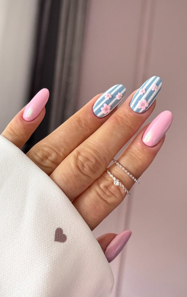 Light Pink Blue Stripe 3D Floral Almonds Light Pink Blue Stripe 3D Floral Almonds — Long Almond Nails 2027