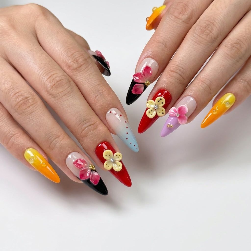 Vibrant Gradient 3D Floral Stilettos Vibrant Gradient 3D Floral Stilettos — Floral Stiletto Nails 2027
