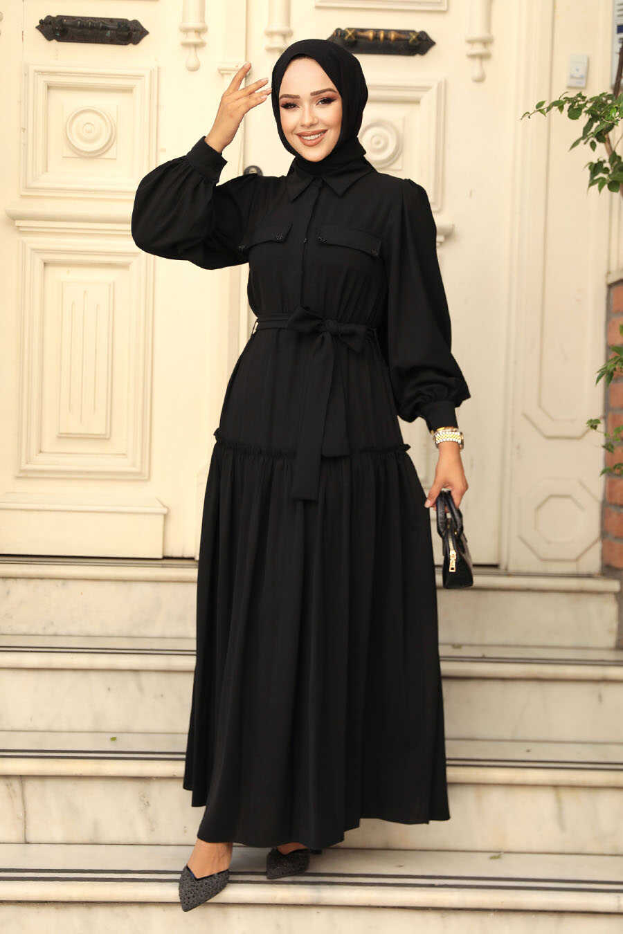 Tiered Ruffle Detail: Black Midi Dress for Daily Wear Modest Outfits 2027