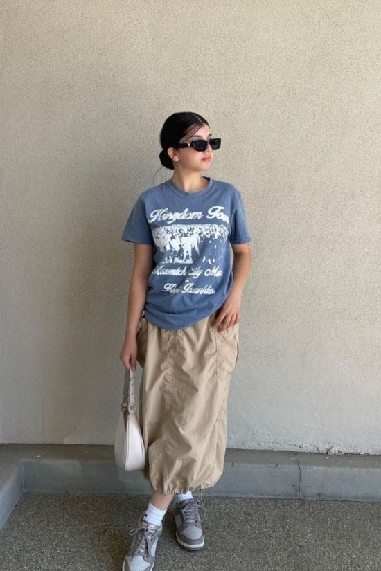 Beige Nylon Maxi Cargo Skirt with Gathered Hem — Cargo Skirts 2027